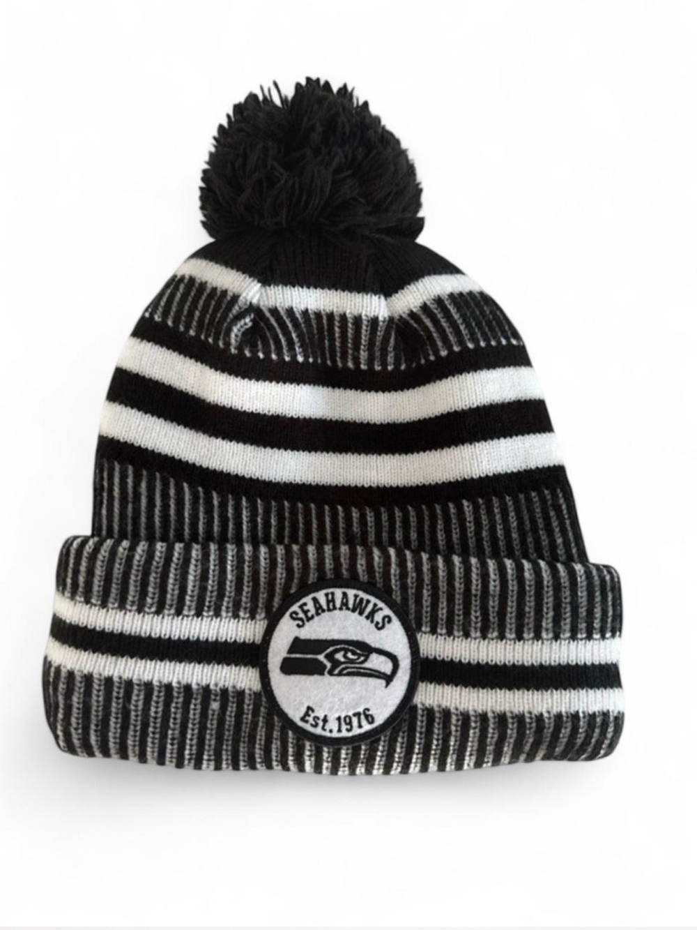 New Era Seattle Seahawks black and white striped beanie with pom Pom hat EUC